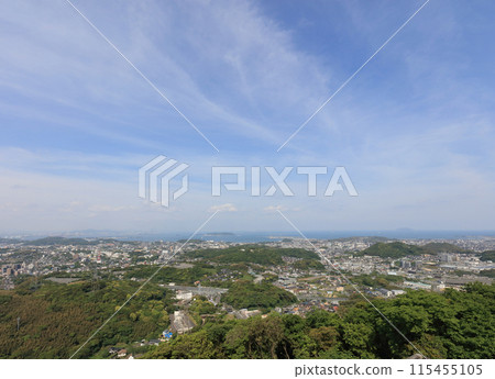 View of Shimonoseki city and the Sea of Japan in the direction of Mutsushima Island from Hinoyama Park View of Shimonoseki city and the Sea of Japan in the direction of Mutsushima Island from Hinoyama Park 115455105