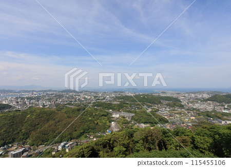 View of Shimonoseki city and the Sea of Japan in the direction of Mutsushima Island from Hinoyama Park View of Shimonoseki city and the Sea of Japan in the direction of Mutsushima Island from Hinoyama Park 115455106