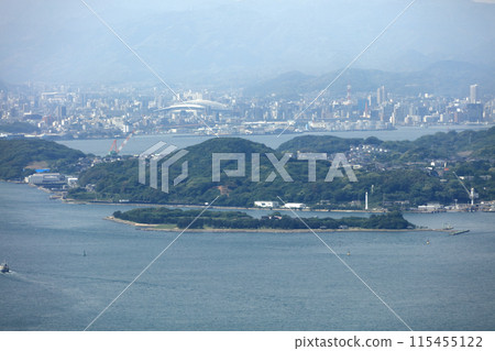 View of Funajima (Ganryujima), Hikoshima, and the area around Kokura in Kitakyushu City in the Kanmon Straits from Hinoyama Park View of Funajima (Ganryujima), Hikoshima, and the area around Kokura in Kitakyushu City in the Kanmon Straits from Hinoyama Park 115455122