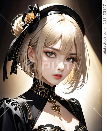 使用哥德式黑色和金色描繪女性華麗的哥德蘿莉塔時尚。 115455147