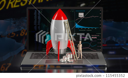 The rocket and coins on notebook for Business concept 3d rendering. The rocket and coins on notebook for Business concept 3d rendering. 115455352
