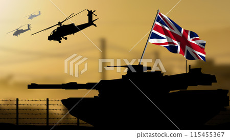 The silhouette of a tank in a war zone with the UK flag, helicopters flying in the background The silhouette of a tank in a war zone with the UK flag, helicopters flying in the background 115455367