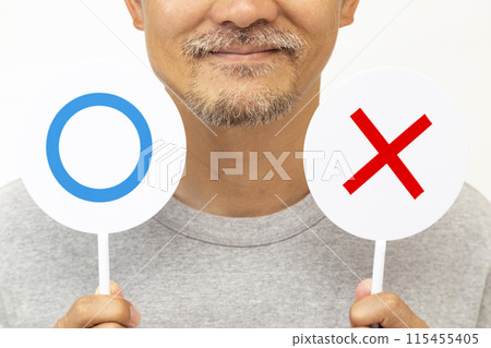A bearded man holding a round x plate on a white background 115455405