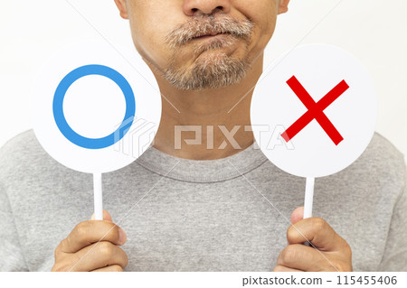 A bearded man holding a round x plate on a white background 115455406