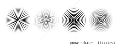 Black concentric circle set. Sonar or sound wave ring collection. Dotted and linear epicentre, target, radar icon concept. Ripple radial signal or vibration elements. Vector line and halftone symbols 115455893