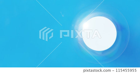 A white cylindrical pedestal and soap bubbles standing in the blue sea. Aerial view. Copy space. 3D (horizontal) 115455955
