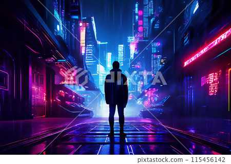 霓虹燈閃爍的網路城市中的孤獨身影 - 由人工智慧生成 115456142