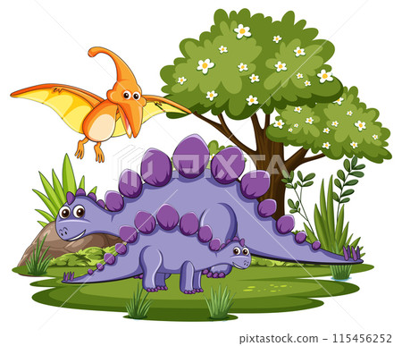 Dinosaurs in a Lush Forest 115456252