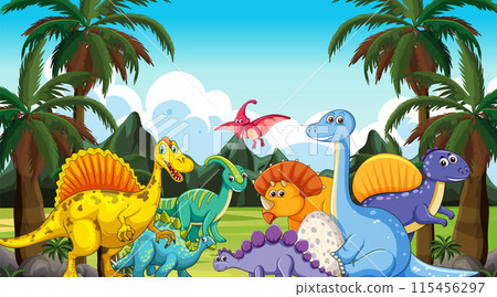 Colorful Dinosaurs in Prehistoric Jungle Colorful Dinosaurs in Prehistoric Jungle 115456297