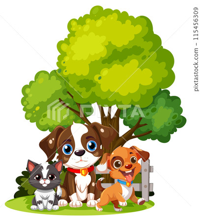 Pets Playing Under a Tree Pets Playing Under a Tree 115456309