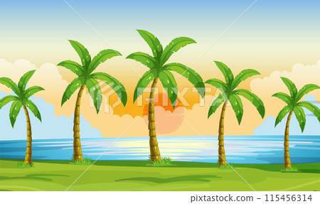 Tropical Sunset with Palm Trees 115456314