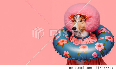 Funny dog wearing summer fashion on pastel background. Summer Vacation Concept. 115456325