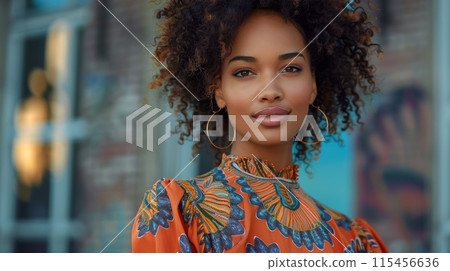 Young black woman with curly hair wearing a stylish modern dress and posing in an urban environment 115456636