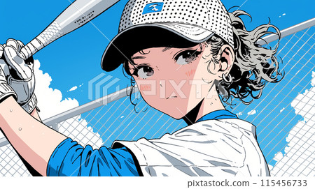 Young woman playing baseball: holding the bat and about to hit the ball Young woman playing baseball: holding the bat and about to hit the ball 115456733