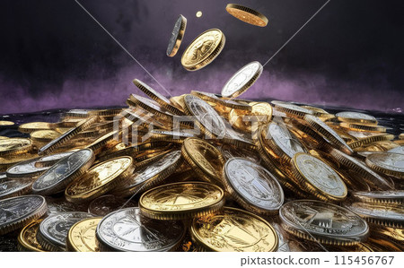 暴風雨天空中的金幣瀑布 - 由人工智慧生成 115456767