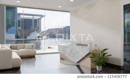 A modern registration lobby or reception desk features a counter and sofas with a city view. 115456777