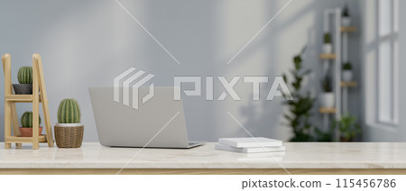 A back view image of a laptop computer, books, and a cactus shelf on a table in a minimalist room. A back view image of a laptop computer, books, and a cactus shelf on a table in a minimalist room. 115456786
