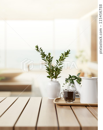 A wooden tabletop features a coffee set and decorative plants in a modern, luxurious living room. A wooden tabletop features a coffee set and decorative plants in a modern, luxurious living room. 115456788