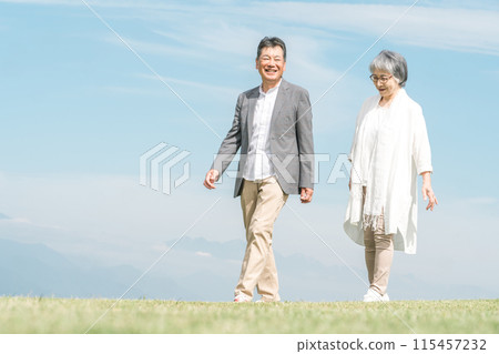 邊走邊談公園旅遊目的地的老年夫婦(老年男女) 邊走邊談公園旅遊目的地的老年夫婦(老年男女) 115457232