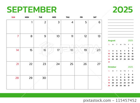 September 2025 Calendar. Week start on Sunday. Desk calendar 2025 design, simple and clean design, Wall calendar for print, digital calendar, Corporate design planner template vector. 115457452