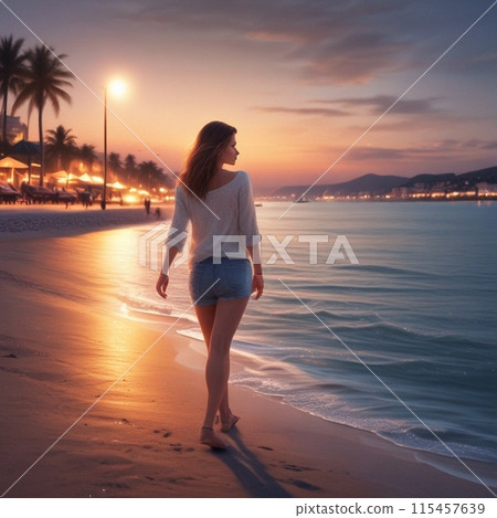 Illustration of a stylish woman walking along the beach at sunset 1 Illustration of a stylish woman walking along the beach at sunset 1 115457639