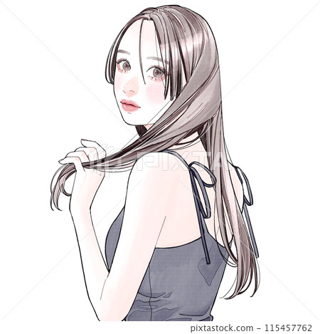 一個女人一邊摸著頭髮一邊回頭看 115457762