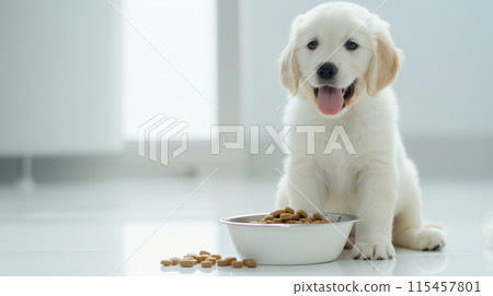 一隻金毛小狗對一盤狗糧很滿意 115457801