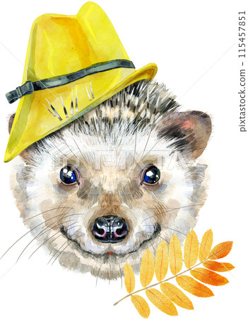 Watercolor portrait of a hedgehog in yellow hat 115457851