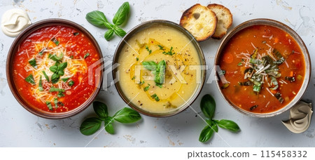 Three Creamy Soups With Toasted Bread and Basil Garnish 115458332