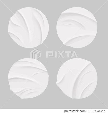 Glued circle paper wrinkled effect sticker, empty frame, badge mockup isolated. Set round tags textured patches. Crumpled poster, label 115458344