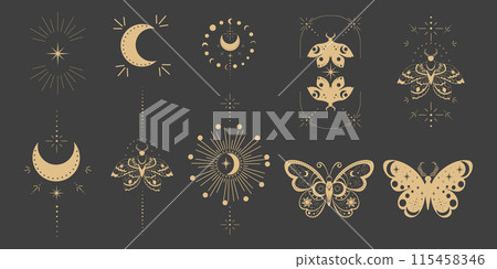 Magic sacred decoration cover, esoteric frame tattoo gold line border celelstial mystery esoteric decoration with moth or butterfly, sun, stars and moon on dark background. Magic sacred decoration cover, esoteric frame tattoo gold line border celelstial mystery esoteric decoration with moth or butterfly, sun, stars and moon on dark background. 115458346