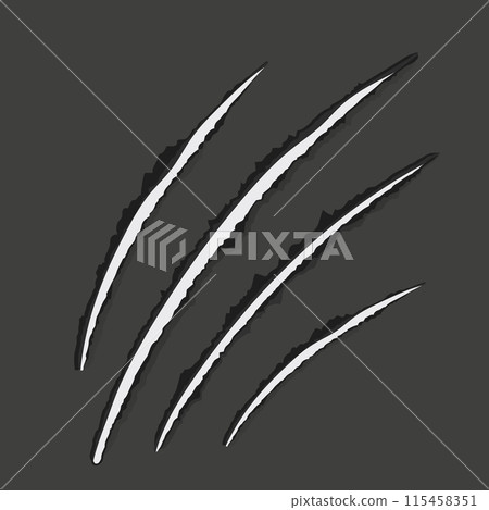 Scratch mark claw trace wild animal nails scratches textured torn paper edge on dark background. Fancy cat, tiger, lion paw trace Scratch mark claw trace wild animal nails scratches textured torn paper edge on dark background. Fancy cat, tiger, lion paw trace 115458351