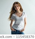 Generative AI Image of Russian Girl Wearing Plain White T-Shirt Standing on Isolated Background 115458370