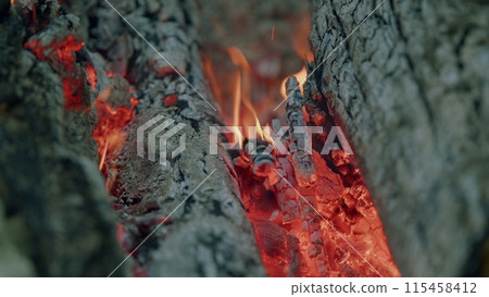 Fire crackles. Relaxing bonfire coals burn in forest woods camping site outdoors. Slow motion. 115458412