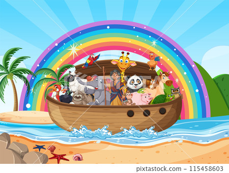 Animals on a Boat with Rainbow 115458603