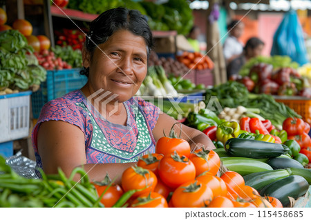 Smiling Woman Selling Tomatoes at a Vibrant Market Stall 115458685