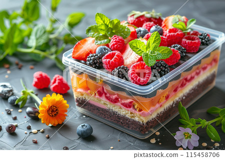 Layered Cake With Berries and Mint in a Clear Container Layered Cake With Berries and Mint in a Clear Container 115458706
