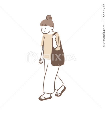 一個女人低著頭走路姿勢不好的全身圖 115458756