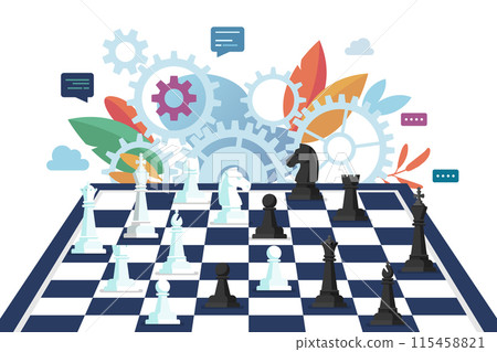 Chess figures on a chess board with mechanic gears in the background. Vector illustration Chess figures on a chess board with mechanic gears in the background. Vector illustration 115458821