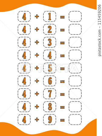 education addition math worksheet number children book preschool school cartoon. game illustration vector page puzzle activity logic kindergarten kids counting. educational child calculation play. 115459206