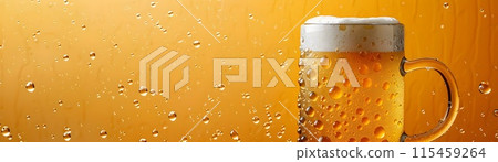 Refreshing Beer Mug on a Vibrant Yellow Background with Droplets and Foam 115459264