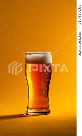Close up shot of a beer glass filled with amber colored liquid and foamy head against a vibrant 115459265