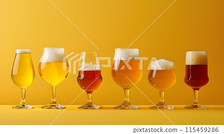 Diverse Beer Glasses on Yellow Backdrop for Tasting and Sampling Craft Beer Varieties Diverse Beer Glasses on Yellow Backdrop for Tasting and Sampling Craft Beer Varieties 115459286
