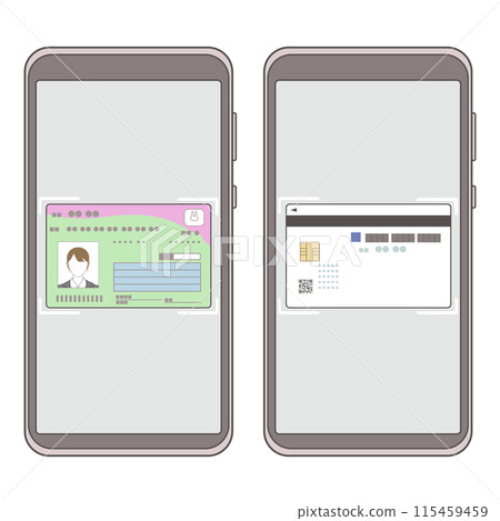Illustration set of taking a picture of the front and back of a My Number card with a smartphone held vertically Illustration set of taking a picture of the front and back of a My Number card with a smartphone held vertically 115459459