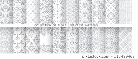 Geometric floral set of seamless patterns. White and gray vector backgrounds. Damask graphic ornaments Geometric floral set of seamless patterns. White and gray vector backgrounds. Damask graphic ornaments 115459462