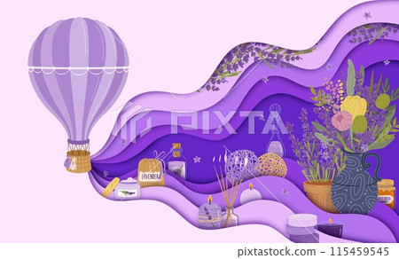 Paper cut banner with lavender cosmetics for skincare and aroma SPA, vector background. Lavender cosmetics on papercut banner with Provence flowers soap and cream, aromatherapy candles and oil essence Paper cut banner with lavender cosmetics for skincare and aroma SPA, vector background. Lavender cosmetics on papercut banner with Provence flowers soap and cream, aromatherapy candles and oil essence 115459545