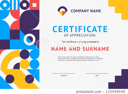 Certificate template with memphis background and abstract geometric shapes in vibrant colors. Vector award, honor diploma, recognition trophy frame with placeholders for name, and signature fields 115459549