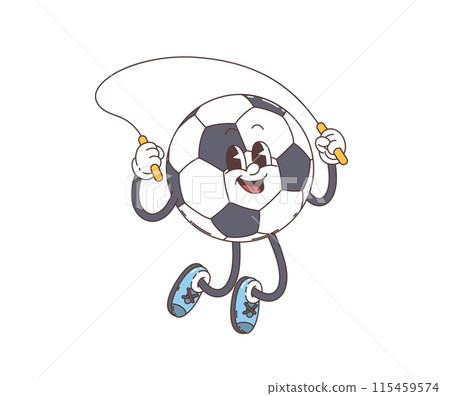 Groovy retro cartoon soccer or football ball character with funky face, vector hippie art. Groovy funny football or soccer ball on sport game jumping with skipping rope with silly happy smile Groovy retro cartoon soccer or football ball character with funky face, vector hippie art. Groovy funny football or soccer ball on sport game jumping with skipping rope with silly happy smile 115459574