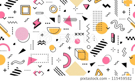 Abstract hipster memphis seamless pattern background with geometric shapes and elements. 80s or 90s style tile with colorful modern figures. Vector wallpaper with surreal, trendy ornamental details 115459582