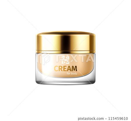 Body cream package cosmetic product template. Isolated 3d vector realistic mockup of glass jar with gold luxurious lid, moisturizing and nourishing cream for the skin, enhancing any skincare routine Body cream package cosmetic product template. Isolated 3d vector realistic mockup of glass jar with gold luxurious lid, moisturizing and nourishing cream for the skin, enhancing any skincare routine 115459610